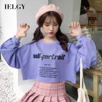 IELGY สุทธิสีแดงแขนยาวเสื้อยืดผู้หญิงสะดือแสดงสั้นด้านบน