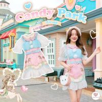 Candy park Dress เดรสพิมพ์ลายกแต่งผ้าขนและน้องปอมๆปุกปุยสุดน่ารัก มาในโทนฟ้าชมพูขาว สดใส ไม่เหมือนใคร ต้อนรับ winter