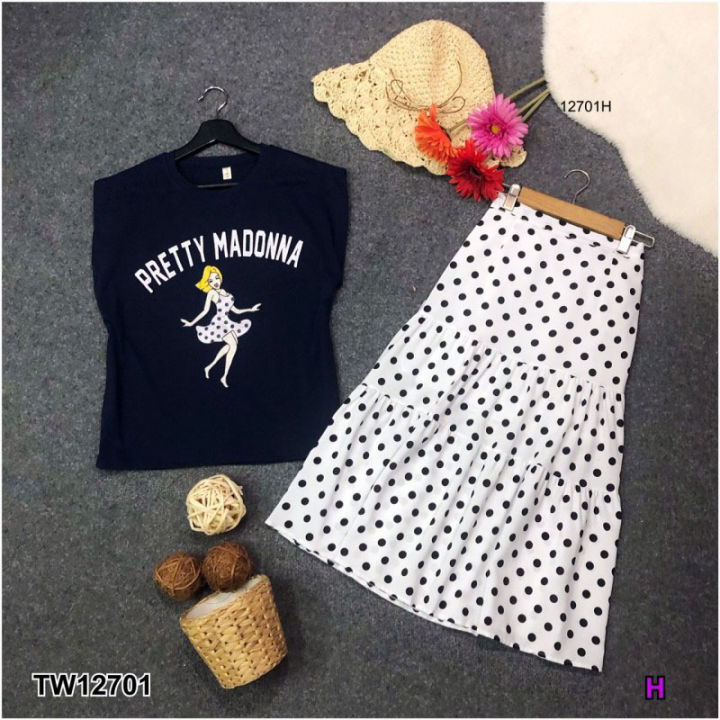 tw12701-set-2-ชิ้น-เสื้อ-madonna-กระโปรงลายจุด