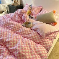 ✤﹊ Nordic Pink Black Checkerboard Duvet Cover Sets With Pillow Case Bed Sheet Kids Girls Bedding Sets King Queen Twin Kawaii