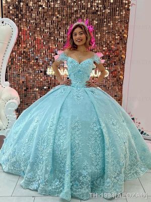 ₪ AEOZAD Vestido de baile Quinceanera verde com trem Sweep aplicação floral 3D pregas doce linha A festa aniversário renda 16