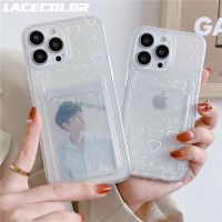 Cute Laser Love Heart Card Slot Holder Case For iPhone 14 13 12 11 Pro Max XS X XR 7 8 Plus SE 2 Mini Clear Wallet Soft Cover