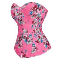 【LZ】✶  Plus Size Burlesque Flor Lace Up Espartilho Bustier Top Overbust Corselet Lingerie Sexy Traje Rosa Roupas Femininas