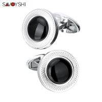 กระดุมข้อมือหินสีดำสำหรับผู้ชาย SAVOYSHI คุณภาพเซียร์สีกลมรูปแบบแกะสลัก Cufflink แบรนด์ของขวัญเครื่องประดับผู้ชาย