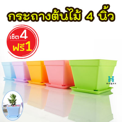 กระถางต้นไม้ เซ็ต 4 แถม 1 กระถางแคคตัส 4 นิ้ว พร้อมถาดรองกระถางฟรี homes