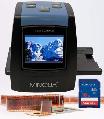 MINOLTA Film &amp; Slide Scanner, Convert Color &amp; B&amp;W 35mm, 126, 110 Negative &amp; Slides, Super 8 Films to 22MP JPEG Digital Photos, 16GB SD Card, Worldwide (Black)