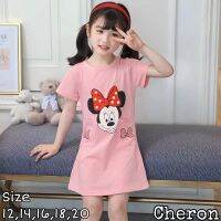 Cheron 22527-ชุดเดรสสำหรับเด็กเสื้อผ้าผู้หญิงเดรสแขนลำลองขาสั้นน่ารักแฟชั่นอินเทรนด์ Kekinian ใหม่ล่าสุดสามารถใช้ได้กับสตรีทสันทนาการกีฬาผ้าฝ้ายขนาด12-20สีชมพู