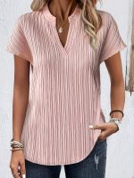 xixibeauty Striped Solid Tunics, Elegant Notched Neck Short Sleeve Tunics, Womens Clothing