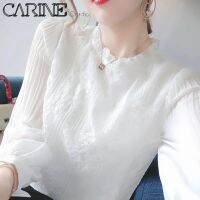 ☫✗◆ Carine เสื้อเชิ้ตสีขาวของผู้หญิงเสื้อดีไซน์แบบเฉพาะผ้าชีฟองคอปกจับจีบสำหรับผู้หญิงปี2022