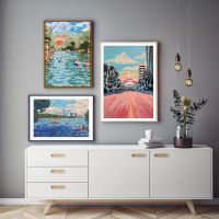 สีสัน Retro Seaside Town Scenery ภาพวาดผ้าใบ Riverside ว่ายน้ำ Crowd Wall Art โปสเตอร์และพิมพ์สำหรับตกแต่งบ้าน