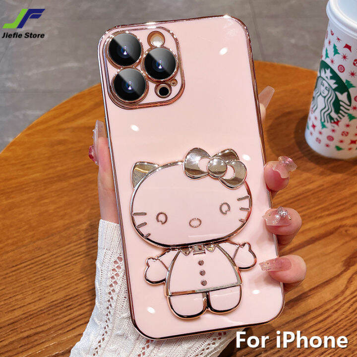 jiefie-hello-kitty-เคสโทรศัพท์สำหรับ-iphone-15-15-pro-15-plus-15-pro-max-14-pro-max-13-pro-max-12-pro-max-11-pro-max-6s-plus-7-8-plus-xr-x-xs-max-ตุ๊กตาน่ารักกระจกแต่งหน้าชุบโครเมียมฝาครอบพร้อมตัวยึดห