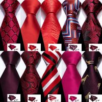 ✾☍ Fashion Silk Men Tie Set Red Burgundy Solid Paisley Striped Plaid Floral Necktie Handkerchief Cufflinks Wedding Business