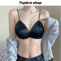 Topbra_shop เสื้อในผ้าซาติน ขอบลูกไม้ สายเล็กเซ็กซี่ โชว์หลัง ผ้านิ่มลื่น ไม่ระคายเคือง ชุดชั้นในแฟชั่น ไร้โครงไร้ตะขอ มีฟองน้ำ CDB98