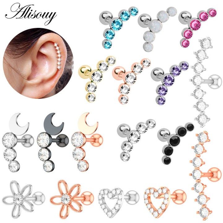 Alisouy 1PC Zircon CZ Leaf Heart Star ดอกไม้หู Studs ต่างหูสำหรับกระดูก