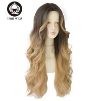 7JHH WIGS Blonde Long Straight Wig For Women Deep Wave Omber Brown Ash Hair Middle Part Heat Resistant Wavy Cosplay Wig For Girl Gift ของขวัญ