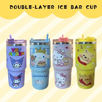 2023 Cute Creative Cartoon Drawing Large Capacity Thermos Cup Tumbler With Cup Ice Optional Double-layer 4 Straw Colors V6M7