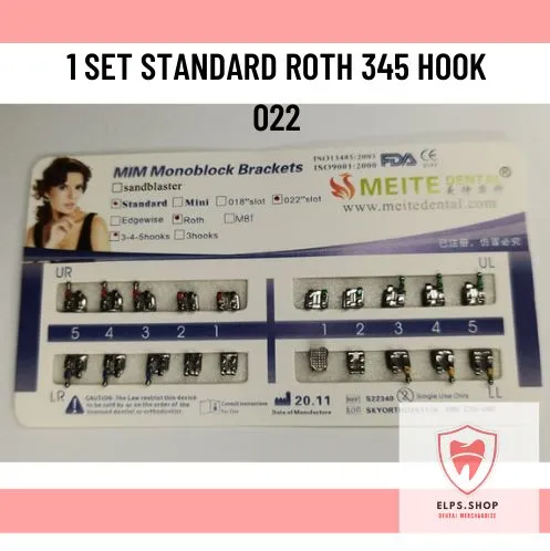 50 Supports Dentaires Orthodontiques Métal Roth/MBT - Fente .022, Avec Crochets 345, Pour Laboratoire