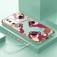 เคสสำหรับ Honor เคสโทรศัพท์90 5G 90 Lite 5G ฟรีสายคล้องการ์ตูนน่ารักหมี Lotso ลายขอบสี่เหลี่ยมเคสโทรศัพท์ชุบหรูหราชุบเคสโทรศัพท์นิ่ม