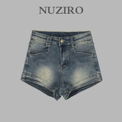 NUZIRO ภาษาเกาหลีวินเทจเอวสูง A คำกว้างกางเกงยีนส์ขาสั้น