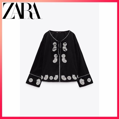 Zara ใหม่ เสื้อเชิ้ต ผ้าฝ้าย ปักลาย สีดํา สําหรับผู้หญิง ta