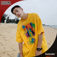 Suikone เสื้อยืดแขนสั้นผู้ชาย ฮ่องกงเสื้อยืดนำเทรนด์ทุกอย่างหลวมแขนสามส่วน