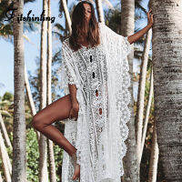 2021Fitshinling Bohemian White Long Dress Swimwear Hollow Out Sexy Beach Cover Up Holiday High Split Oversize Robe Summer Maxi Pareo