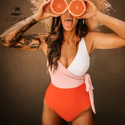 Cupshe Orange And White Colorblock Swimsuit Women Patchwork Belt Bow Monokini 2022 V-neck Beach Bathing Suit Swimwear