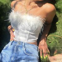 COD SDGYTRUYRT DRE-Women´s Tube Tops Solid Color Furry Trim Sleeveless Off Shoulder Backless Back Zipper Slim Fit Tube Tops