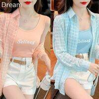 COD Large size womens summer suit womens new Plaid sun-proof shirt slimming all-match denim shorts three-piece set