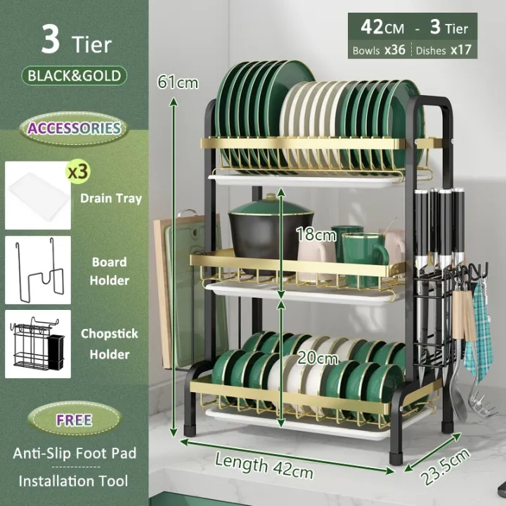 Lifinity 2/3Tier Dish Drainer black gold Dish Drying Rack Countertop