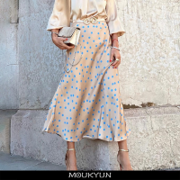 Moukyun Boho ซาตินกระโปรงผู้หญิง Casual Polka dot พิมพ์ Beach Midi กระโปรงหรูหราเซ็กซี่ faldas สุภาพสตรีกระโปรงยาว