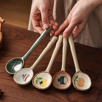 Japanese Ceramic Soup Spoon Long Handle Teaspoon Heat Resistant Hand Painted Cute Spoon For Adult And Kids Kitchen Tableware New Serving Utensils