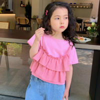 สาวเสื้อยืดแขนสั้น Ruffles ผ้าฝ้ายสีที่บริสุทธิ์เด็กเสื้อฤดูร้อนเสื้อผ้าเด็กผู้หญิงท็อปส์เกาหลี