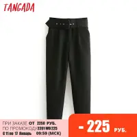 Tangada black suit pants woman high waist pants sashes pockets office ladies pants fashion middle aged pink yellow pants 6A22