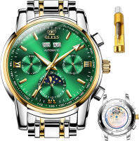 OLEVS Mens Watches Automatic Original Mechanical Movement Slef-Wind Six-pin Luxury Stainless Steel Waterproof HD Luminous Day-Date-Month Big Face Wrist Watch Gift gold green