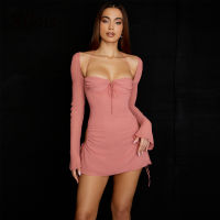 XLLAIS Wholesale Items Womens Flare Long Sleeve Pink Dress Fashion Square Collar Bandage Robes y Cut Out Party Club. Vestidos