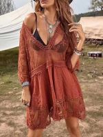 FN946N Volemo Deep V Neck Boho Beach Outing Sheer Sexy Lace Swimwear Summer Vintage Short Dress Holiday Cover Up Shirt Mini Dr