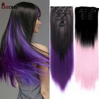 Leeons Pink Purple Ombre 16 Clips In Hair Extension Long Straight Natural Black 6 Pcs/Set 22 Inch Synthetic Hair Piece For Women Wig  Hair Extensions