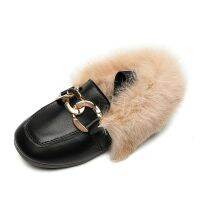 Brand Autumn Winter Girls Shoes Warm Cotton Plush Fluffy Fur Kids Loafers With Metal Chain Boys Flats Children Loafers