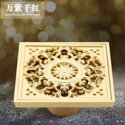 Floor Drain Gold Copper Bathroom Hardware 10X10 CM Deodorant Relief Grate Waste Drains Anaglyph Pattern Invisible Floor Drain  by Hs2023