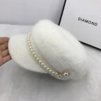 01911-fu-pearl add khaki color pearl buttons winter warm faux fur lady octagonal hat women leisure visors cap