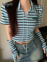 Tonngirls Retro T Shirt Women Lace Up Striped Tshirts Y2k Streetwear Grung Tops Short Sleeve Tee With Cuff America Autumn Summer