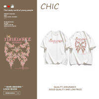 CHIC  ผ้าฝ้ายแท้  ผู้หญิงสไตล์เกาหลีดูดีโบว์พิมพ์เสื้อยืดแขนสั้น A0811