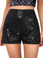 Stylish and Shimmering Womens Mid Waist Sequin Shorts with Elastic Waistband - Perfect for Parties and Nights Out Clothing