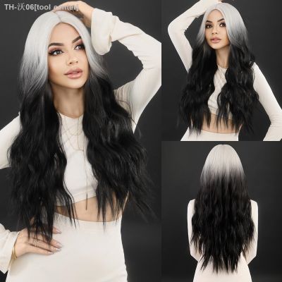 NAMM Ombre Black White Wavy Hair Wig for Women Cosplay Daily Party Synthetic Natural Middle Part Curly Wig Lolita Heat Resistant [ Hot sell ] tool center