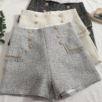 Double-breasted high-waist shorts womens 2021 autumn all-match elegant Tweed straight pants slim Korean style wide leg pants trendy