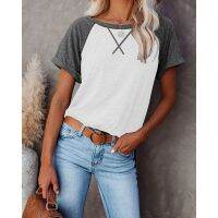 Womens Fashion Casual Color Matching Short-Sleeve Raglan Round Neck T-Shirt Tops