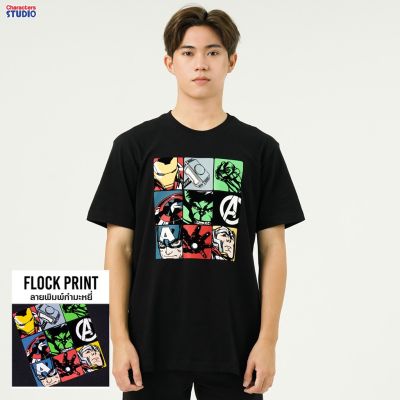 เสื้อยืด Marvel Mens Avengers Flocked - เสื้อยืดผู้ชาย Avengers Flocked Cotton 100% ใส่สบาย👕 marvel tshirt