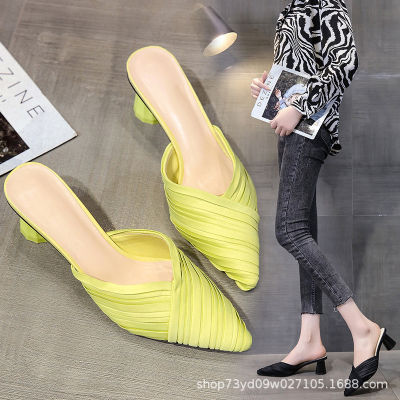 Baotou รองเท้าเปิดส้นรองเท้าผู้หญิงผู้หญิง,รองเท้ารัดส้นมีส้นหนาหัวแหลมมีจีบทันสมัยสำหรับสวมใส่ภายนอกฤดูใบไม้ผลิ2023