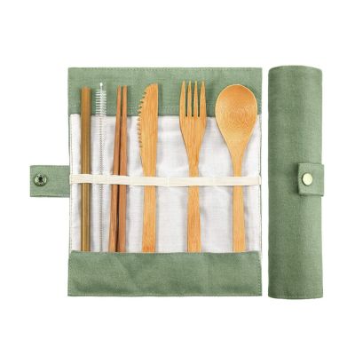 6pcs/set Portable Bamboo Cutlery Dinnerware Cutlery Sets With Cloth Bag Knives Fork Spoon Chopsticks Straw Travel Outdoor Picnic Flatware Sets